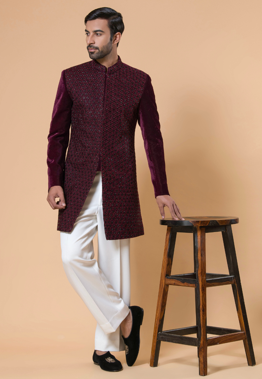 Men's Wine Indo Western Set