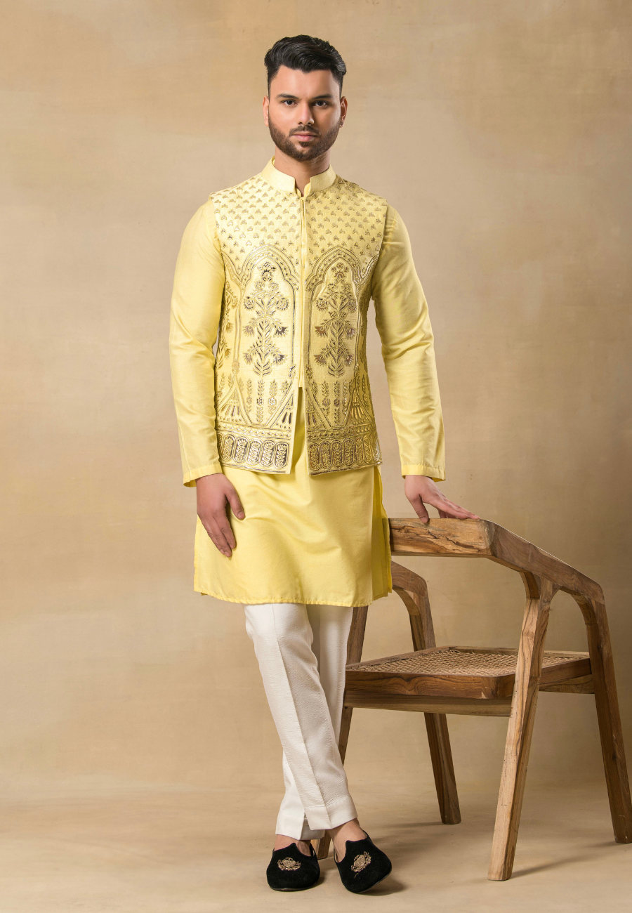 Yellow Raw Silk Leather Embroidered Bundi