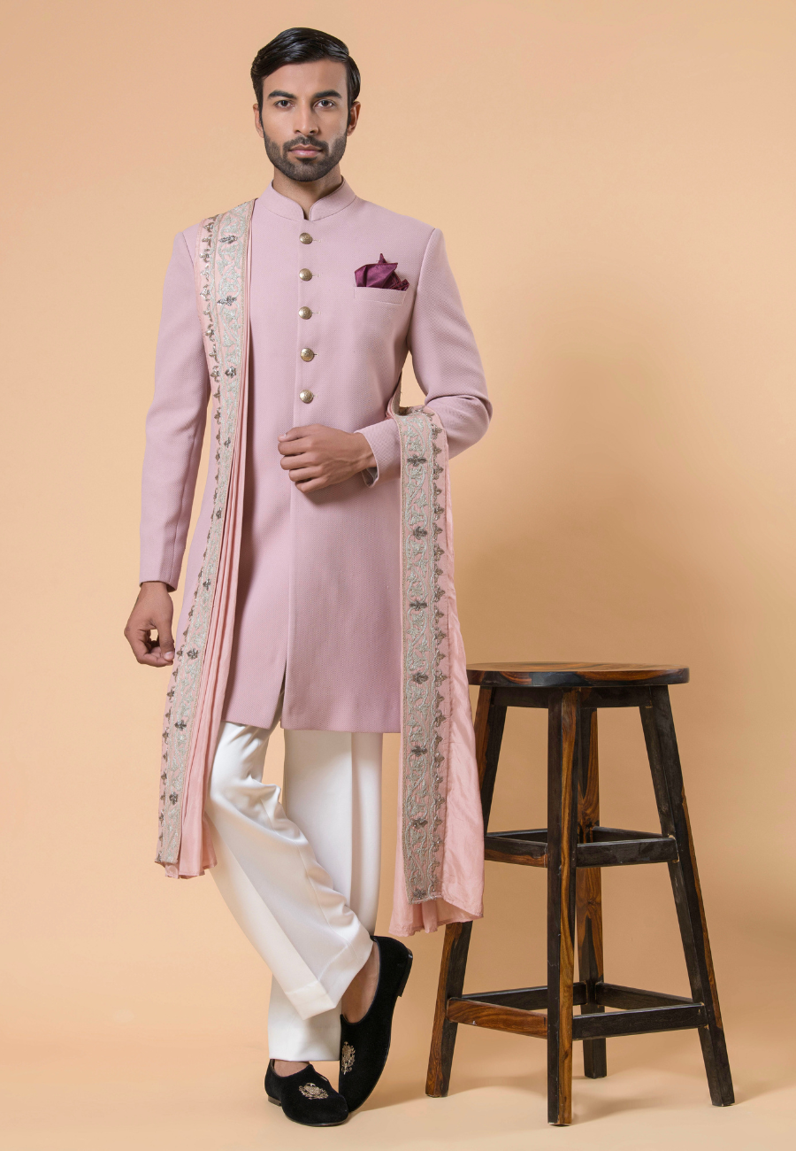 Men's Pink Knitted Fabric Indo Western Set