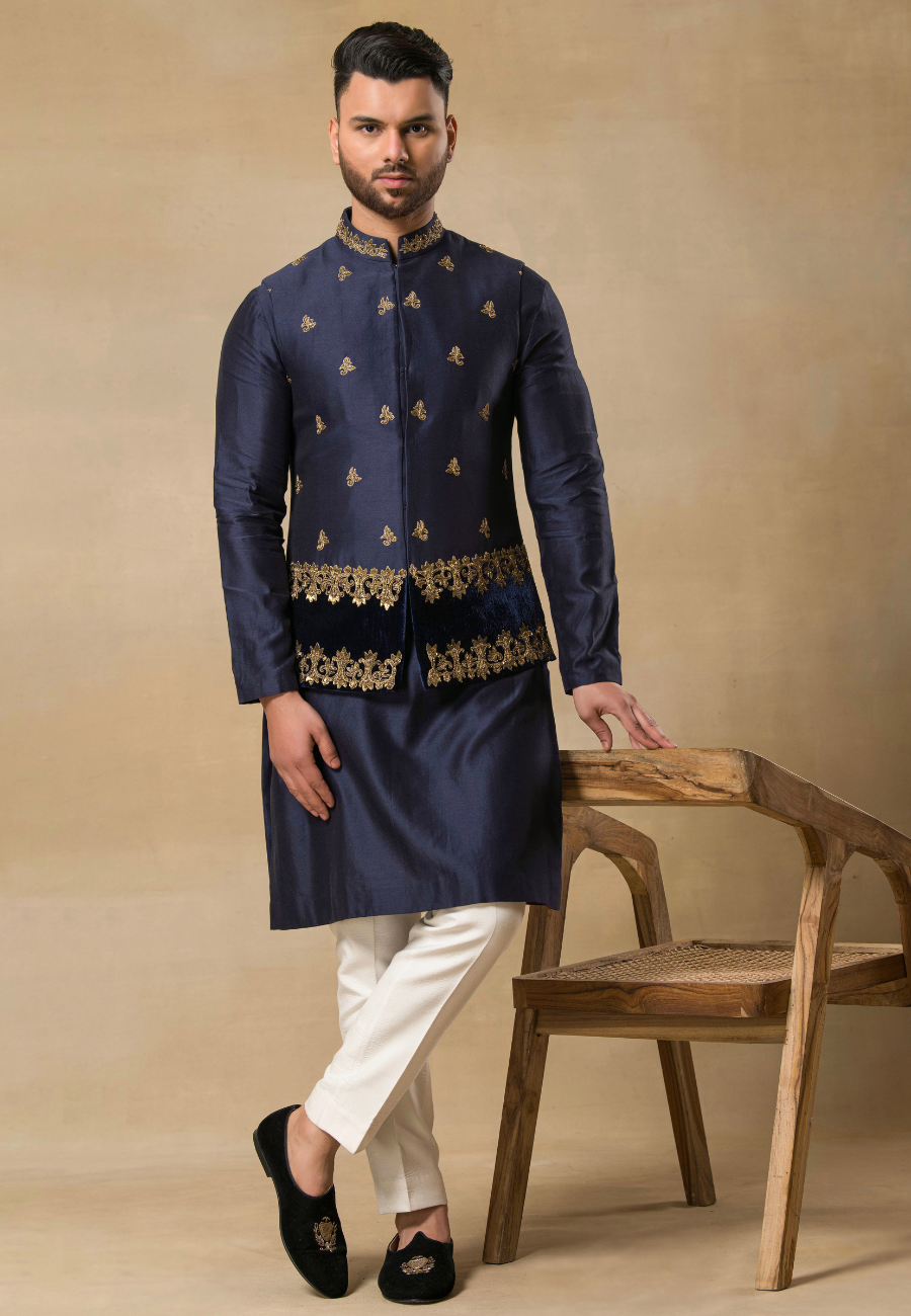 Men's Navy Blue Hand-Embroidered Polystyrene Fabric Bundi