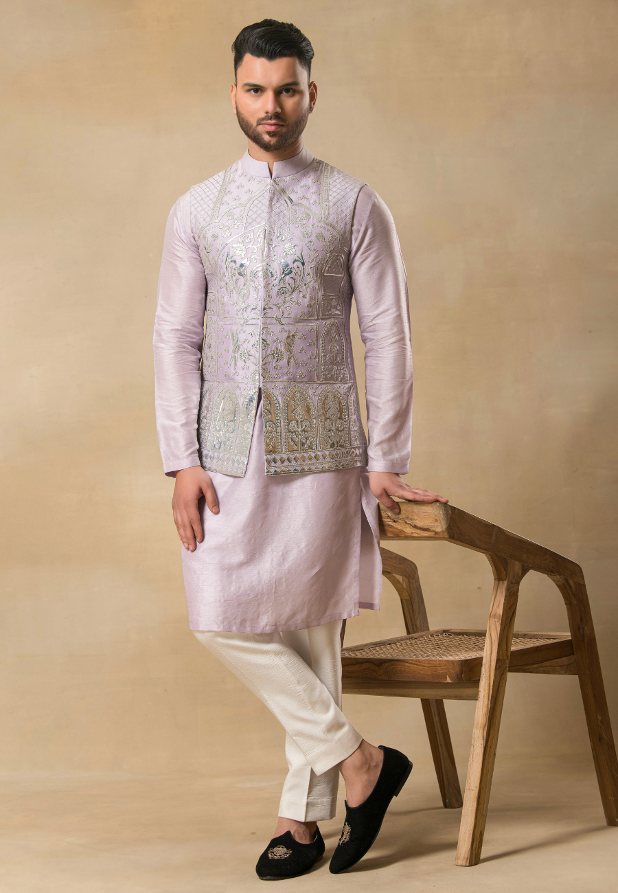 Light Purple Leather Embroidered Bundi