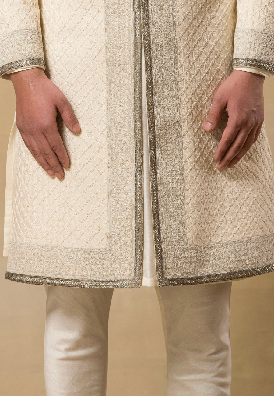 Cream Embroidered Sherwani