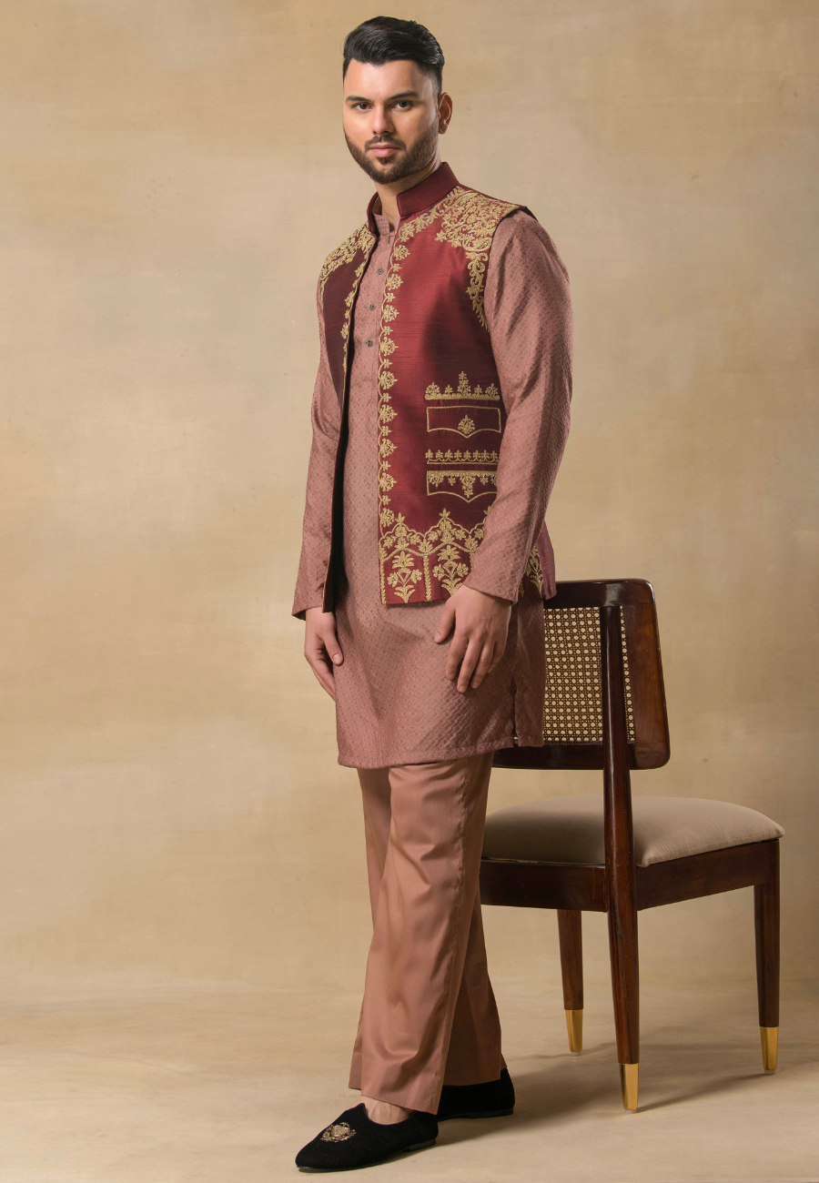 Men's Wine Raw Silk Bundi