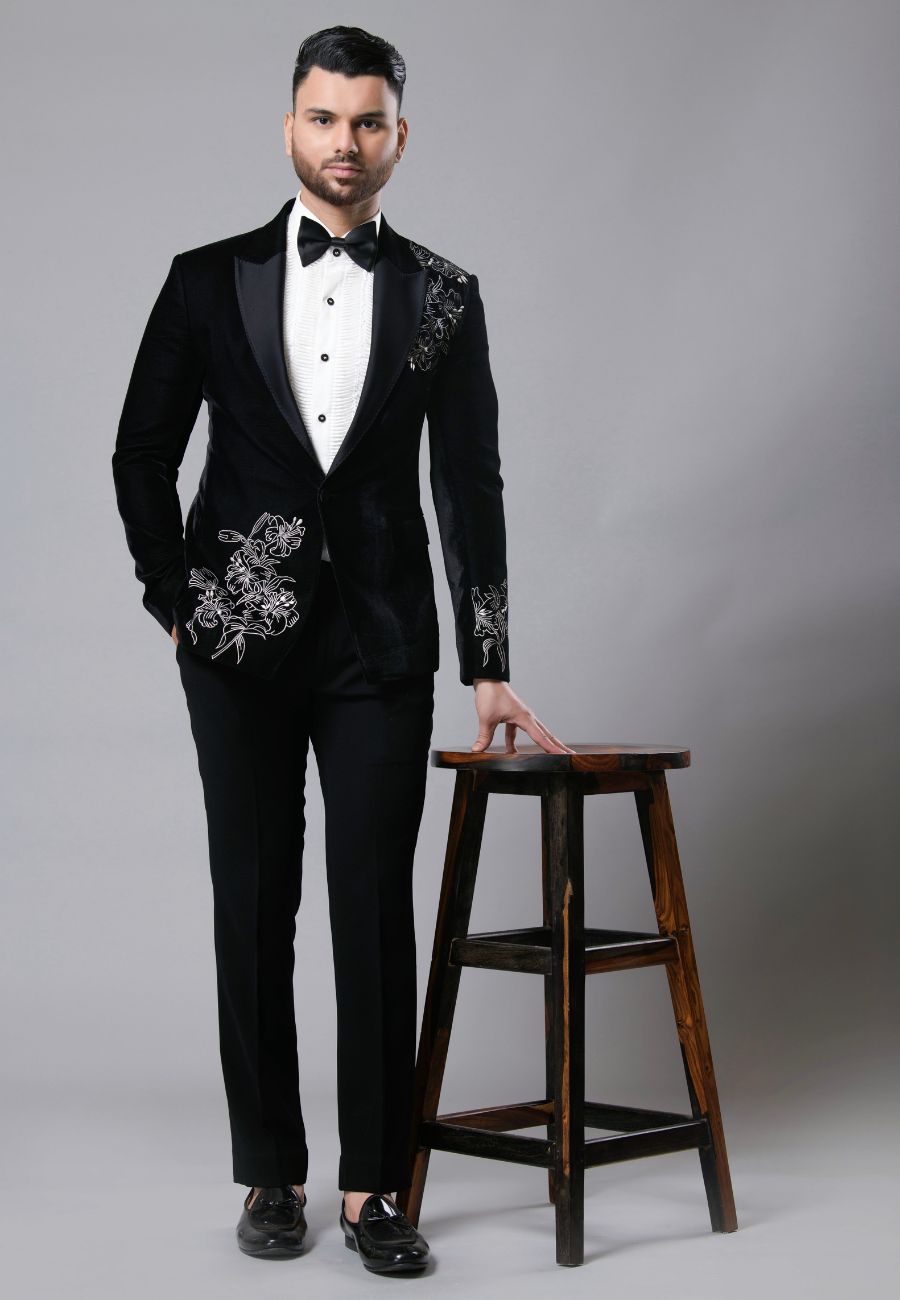 Black Embroidered Tuxedo Set