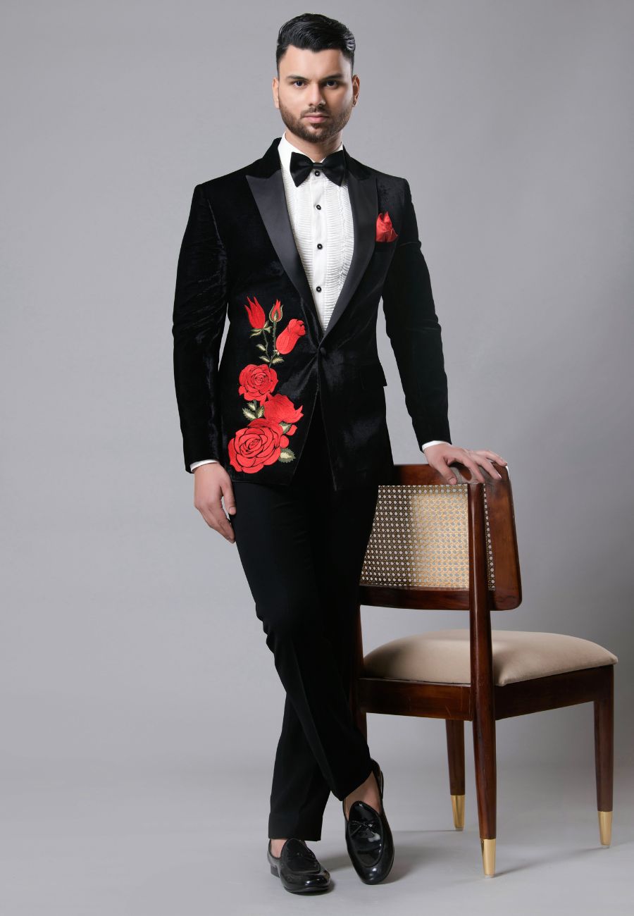 Black Micro Velvet Floral Resham Embroidered Tuxedo Set