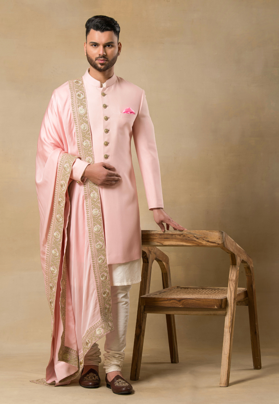 Pink Brocade Sherwani Set