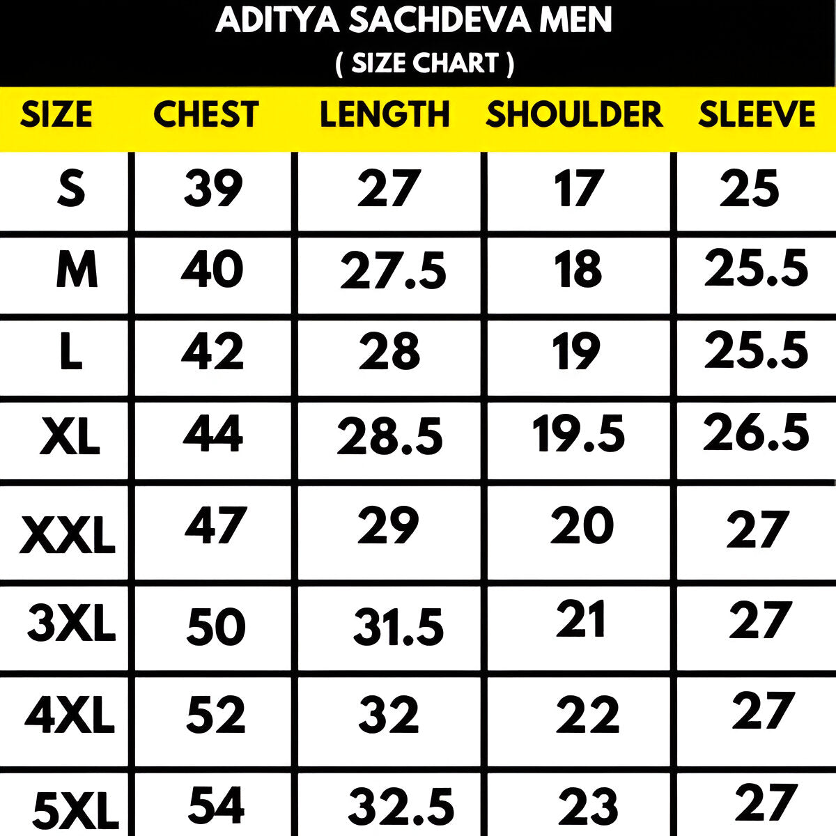 Aditya Sachdeva Size Chart 