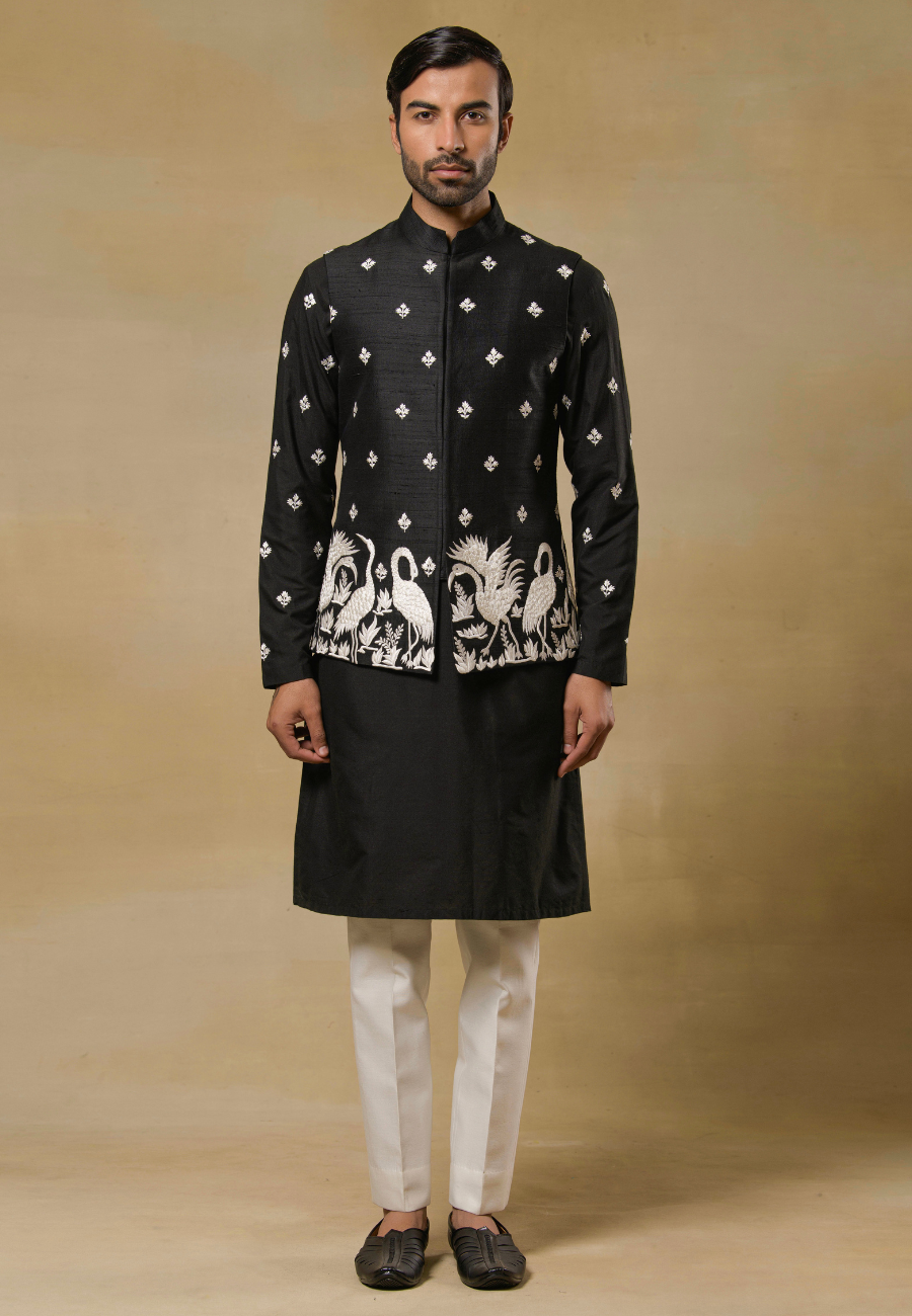 Black Raw Silk  Bundi Kurta Set 