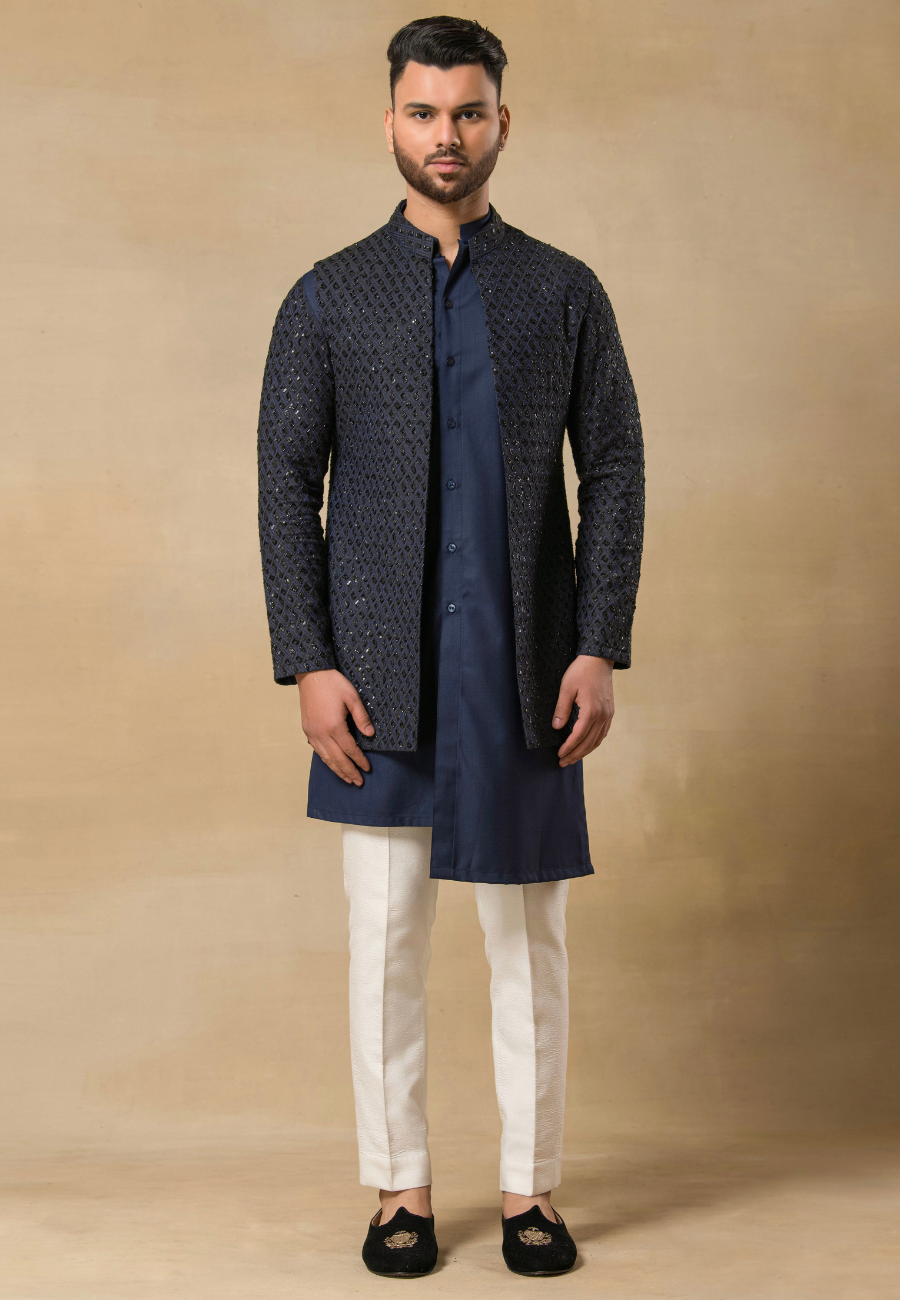 Blue Bundi Kurta Set for Men