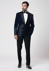 Blue Embroidered Tuxedo Set