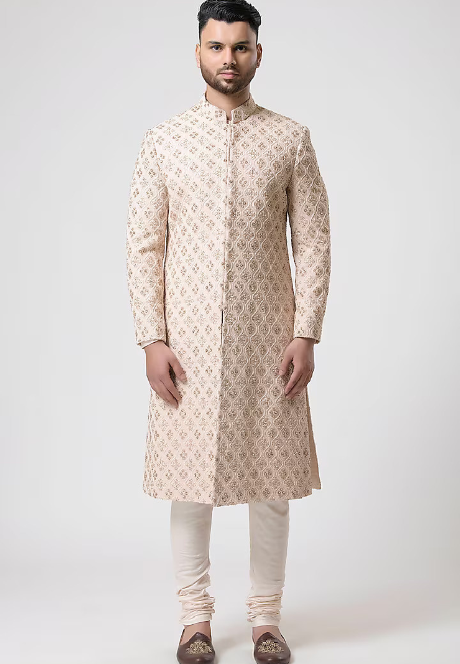 Cream Embroidered Sherwani 