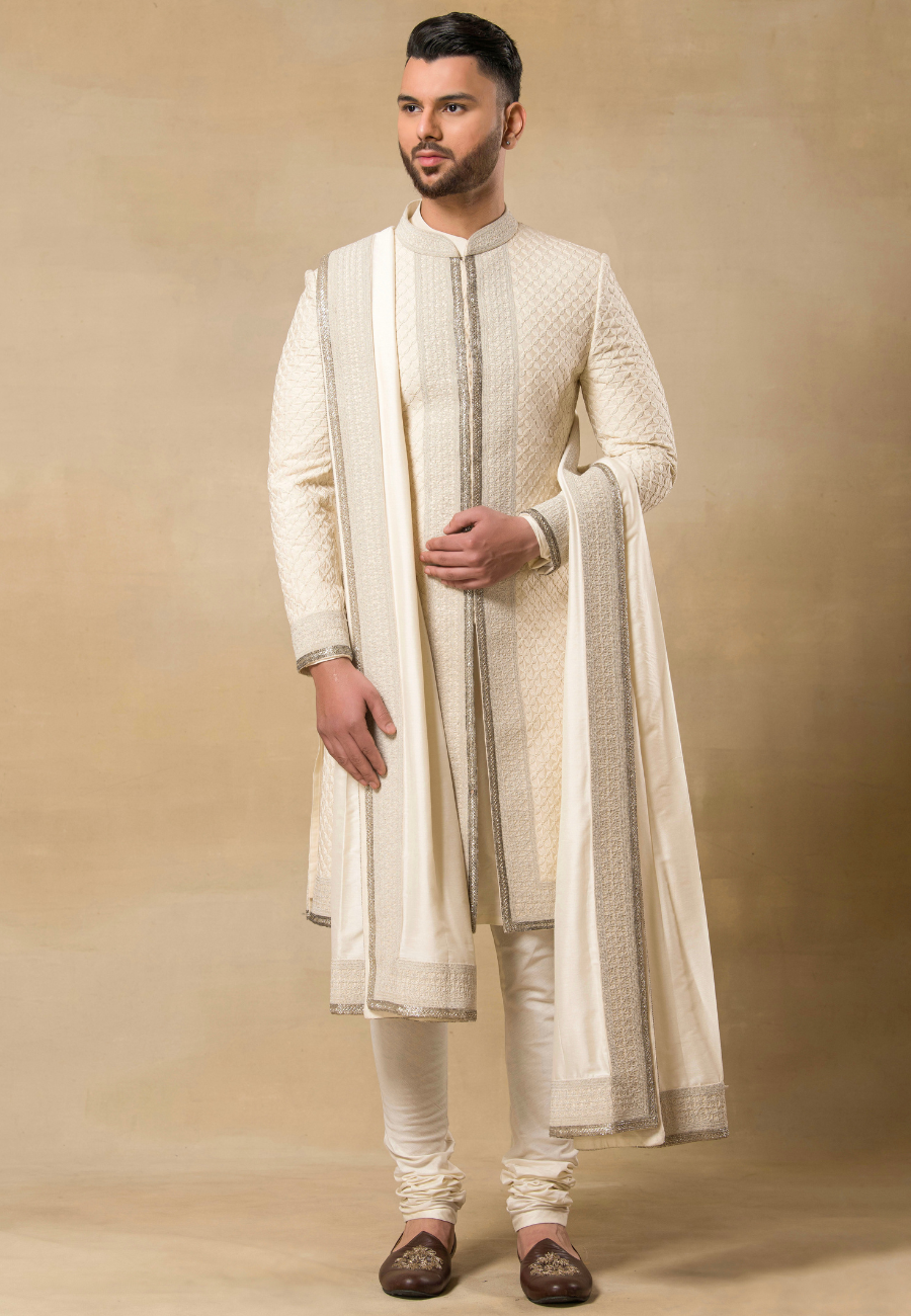 Cream Embroidered Sherwani Set 