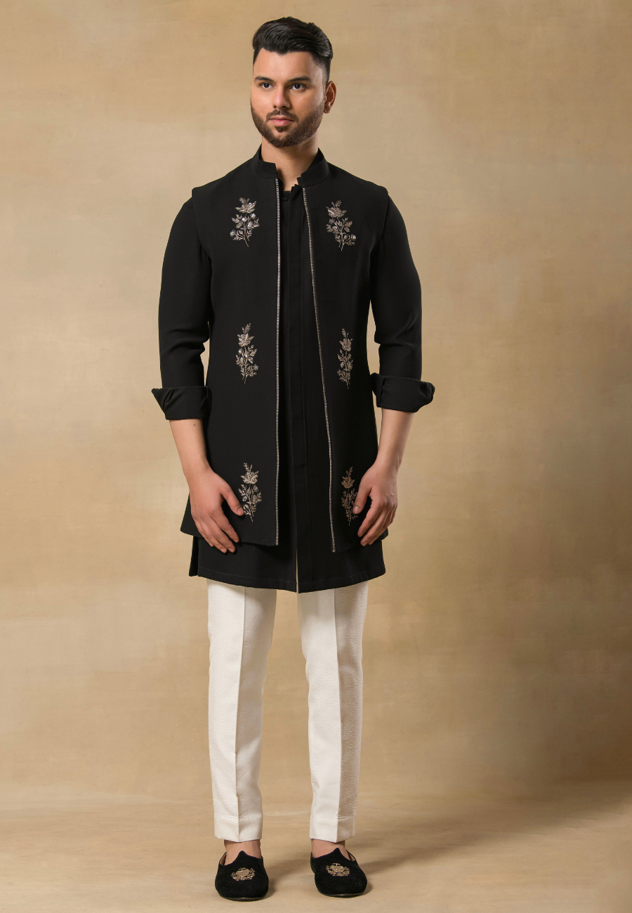 Hand-Embroidered Bundi Kurta Set