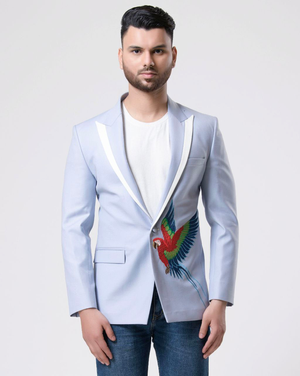 Chic Blue Birds Design Blazer for Modern Men