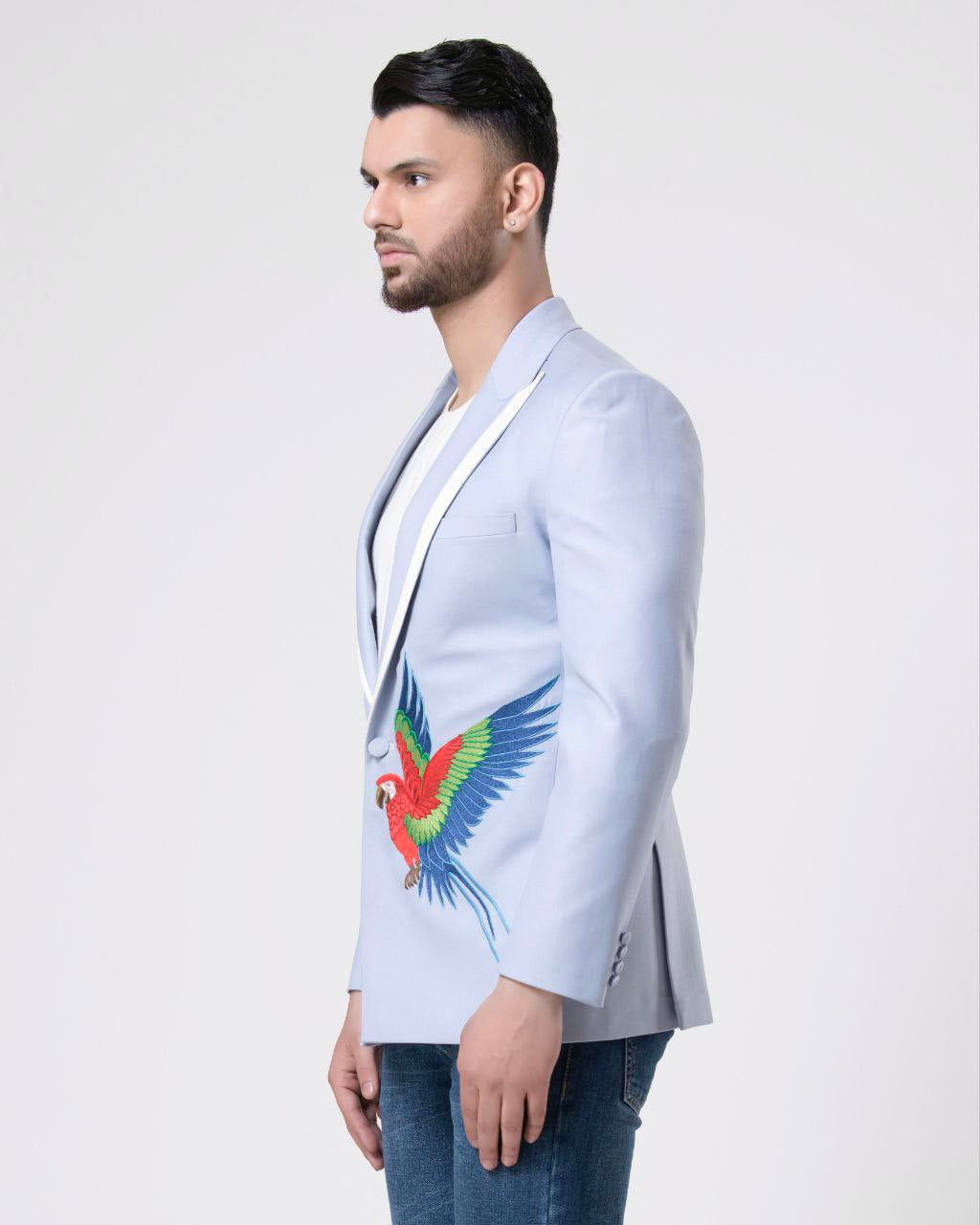 Chic Blue Birds Design Blazer for Modern Men