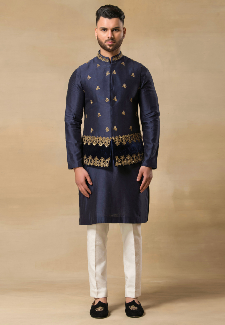 Navy Blue Kurta Bundi Set 