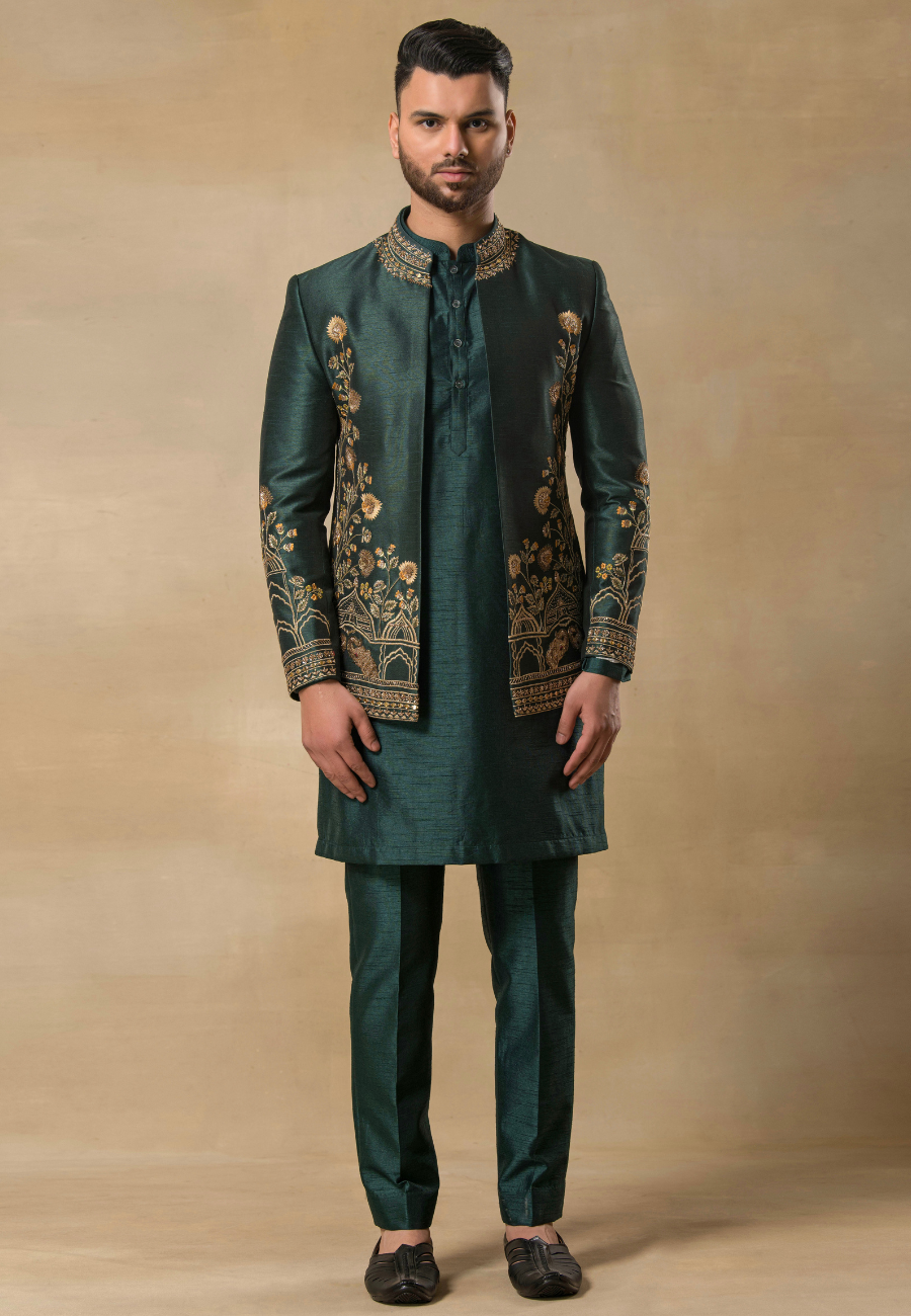 Olive Green Bundi Kurta Set 