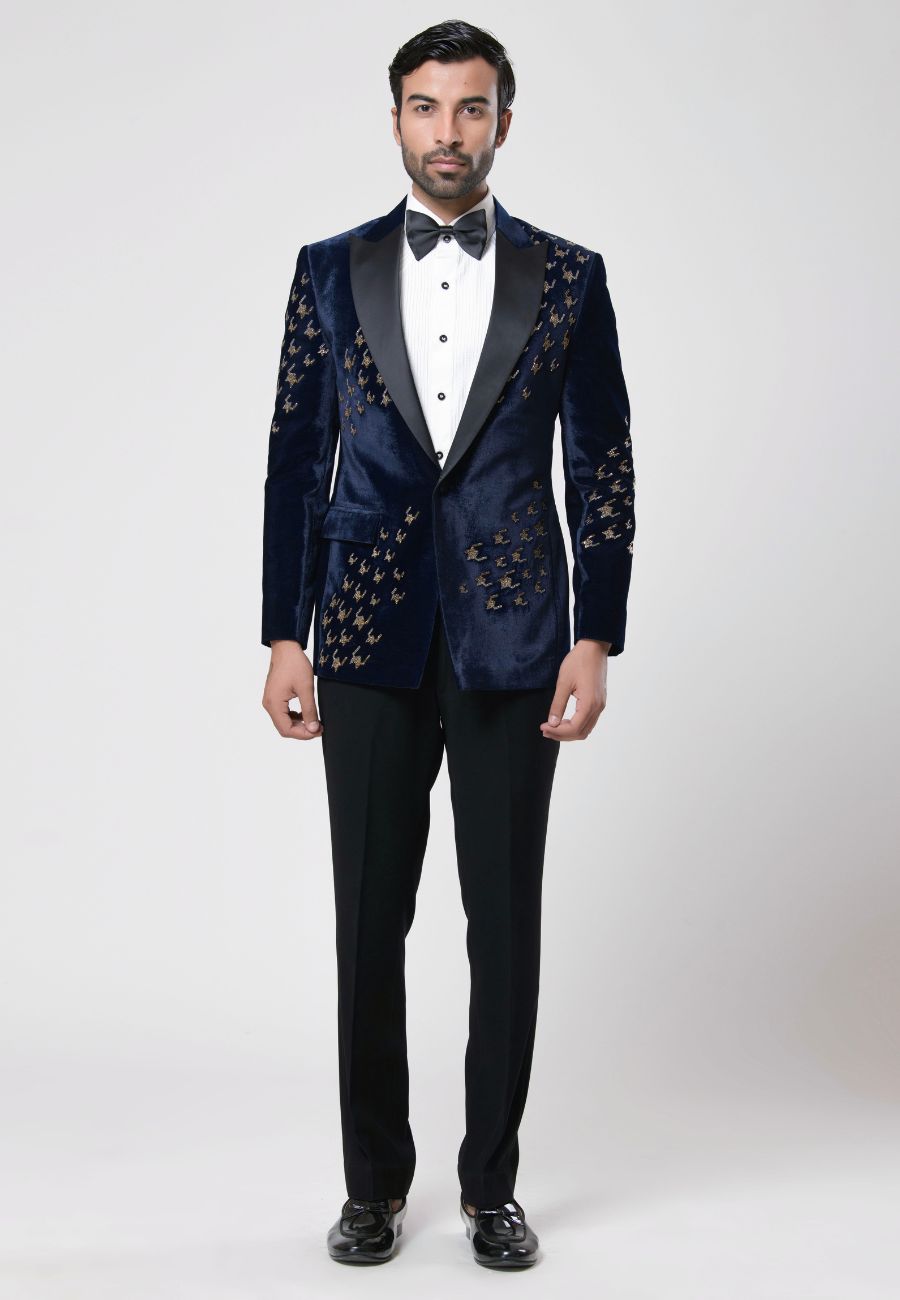 Velvet Hand Embroidered Tuxedo Suit 