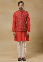 red Embroidered Bundi Kurta Set 